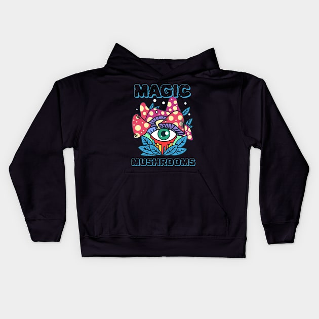 Magic Mushrooms, hallucinogenic mushrooms, microdose mushrooms, psilocybin mushroom Kids Hoodie by One Eyed Cat Design